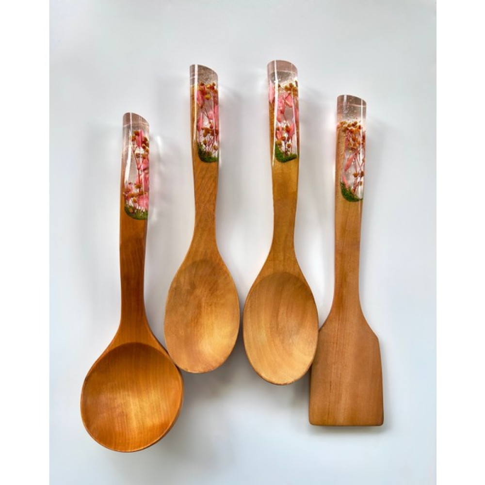 Kiraz Çiçeği Serisi El Yapımı Bambu Kaşık Seti-Ahşap-Tahta Kaşık 4'Lü Set / 2 Kaşık, 1 Kepçe, 1 Spatula - Pembe Çatal / Kaşık / Bıçak Takımları Fiyatı