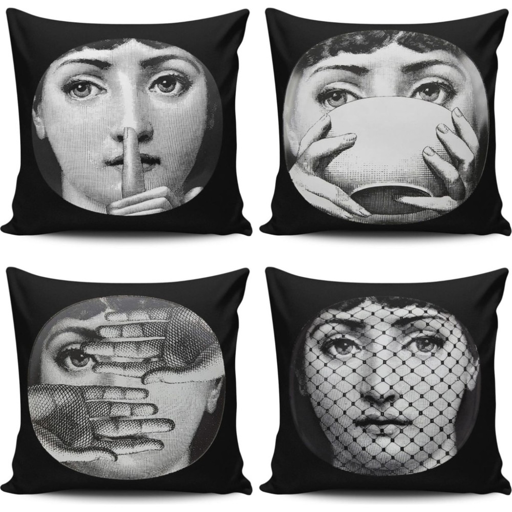 Kırlent Dünyası 4 Lü Kombinli Fornasetti Figürlü Dijital Baskılı Kırlent Kılıfı - 43 x 43 cm - Siyah Kırlent / Mobilya Yastığı Fiyatı