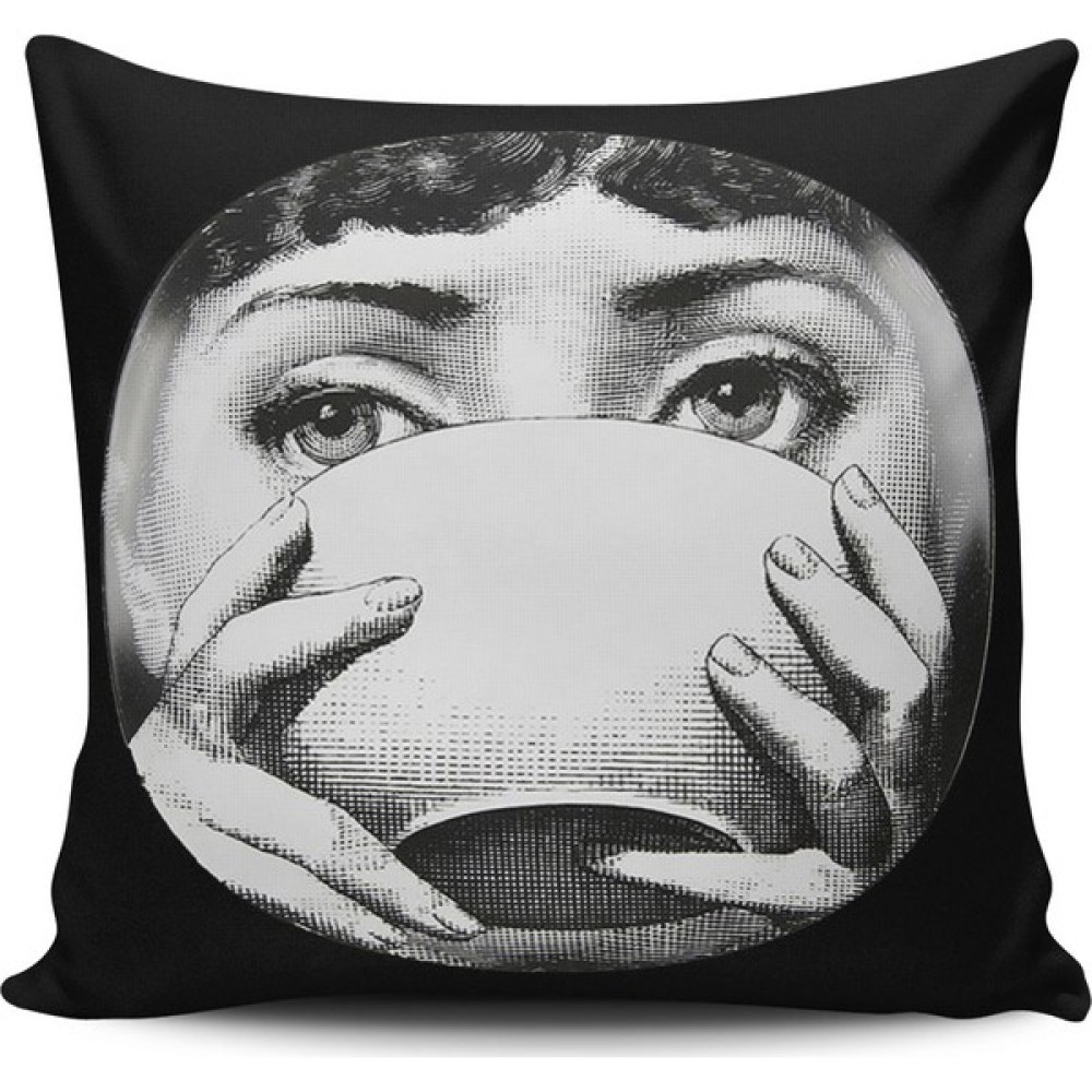 Kırlent Dünyası Fornasetti Figürlü Dijital Baskılı Kırlent Kılıfı - 43 x 43 cm - Siyah Kırlent / Mobilya Yastığı Fiyatı
