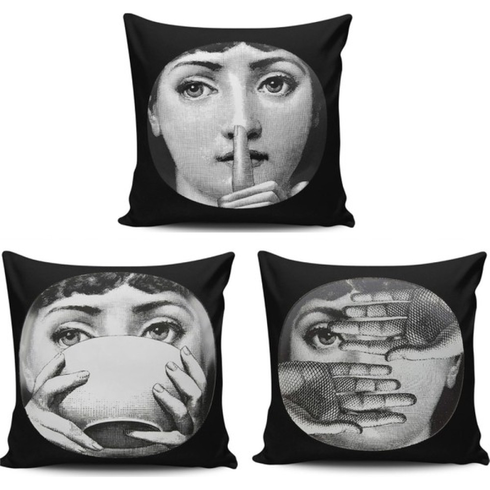 Kırlent Dünyası Kırlentdünyası Kırlent Dünyası Fornasetti Figürlü 3 Lü Kombin Dijital Baskılı Kırlent Kılıfı - 43 x 43 cm - Siyah Kırlent / Mobilya Yastığı Fiyatı