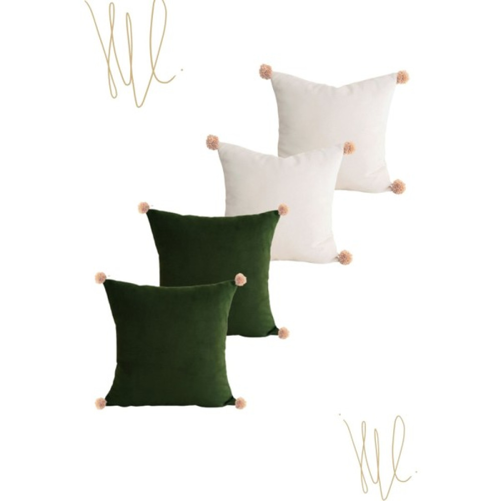 Kırlent Kılıfı 4 lü Kırlent Haki Yeşil Ekru Ponponlu Kırlent 40 X 40 cm Özel Tasarım Luna Design Studio Kırlent / Mobilya Yastığı Fiyatı
