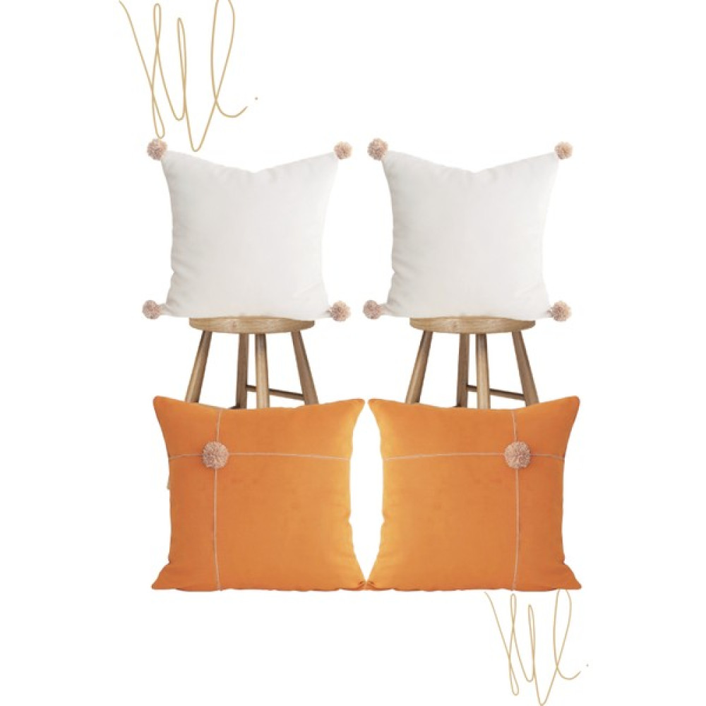 Kırlent Kılıfı 4 lü Kırlent Turuncu Ekru Ponponlu Kırlent 40 X 40 cm Özel Tasarım Luna Design Studio Kırlent / Mobilya Yastığı Fiyatı