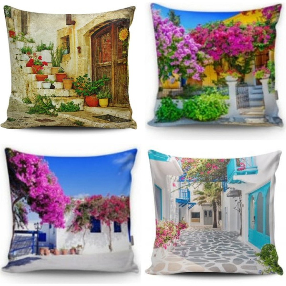 Kırlentdünyası 4'lü Manzaralı Temalı Kombinli Kırlent Kılıfı - Renkli - 43 x 43 cm Kırlent / Mobilya Yastığı Fiyatı