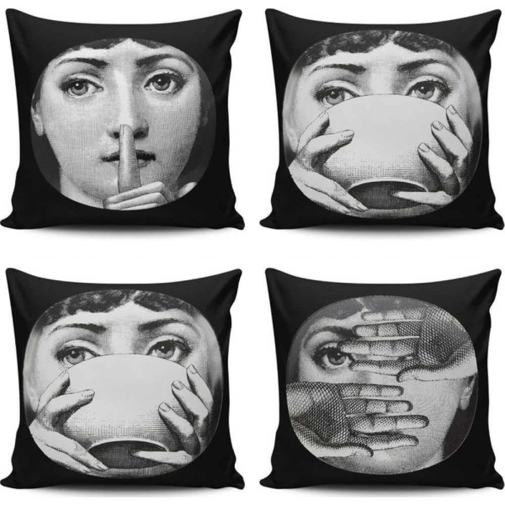 Kırlentdünyası Kırlent Dünyası 4 Lü Kombinli Fornasetti Figürlü Dijital Baskılı Kırlent Kılıfı - 43 x 43 cm - Siyah Kırlent / Mobilya Yastığı Fiyatı