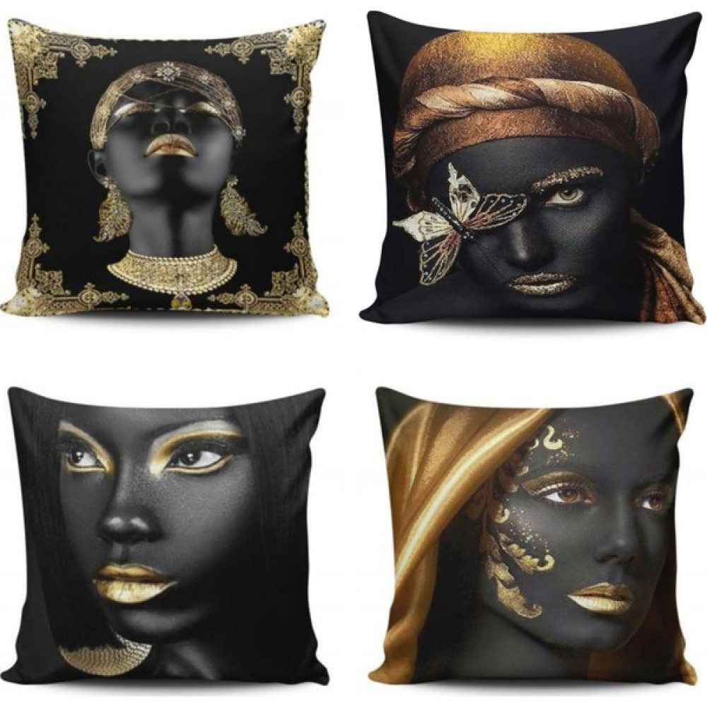 Kırlentdünyası Kırlent Dünyası Afrikalı Kızlar Modern 4 Lü Kombin Kırlent Kılıfı - 43 x 43 cm - Siyah Kırlent / Mobilya Yastığı Fiyatı