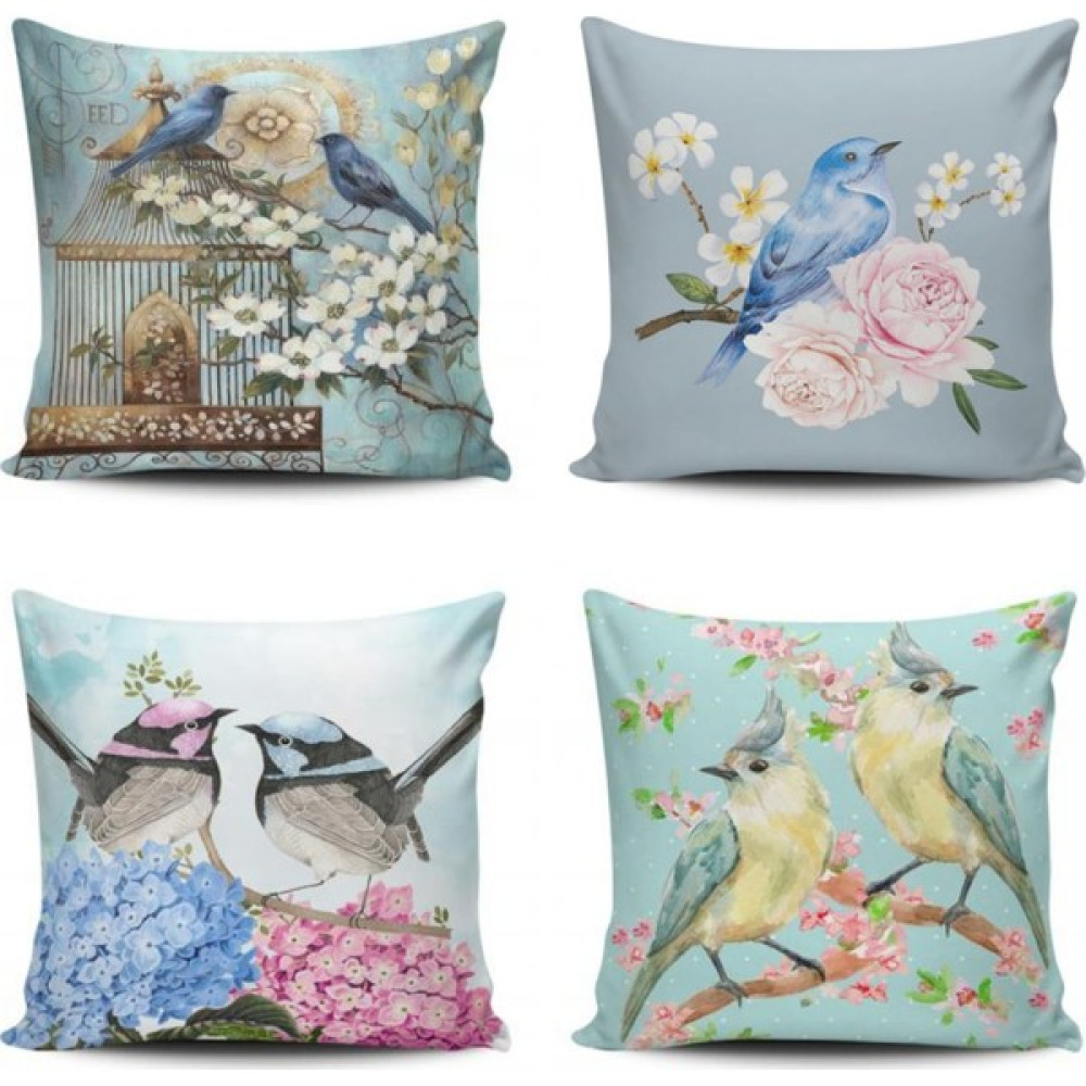 Kırlentdünyası Kırlent Dünyası Sevimli Kuşlar 4 Lü Kombin Kırlent Kılıfı - 43 x 43 cm - Renkli Kırlent / Mobilya Yastığı Fiyatı