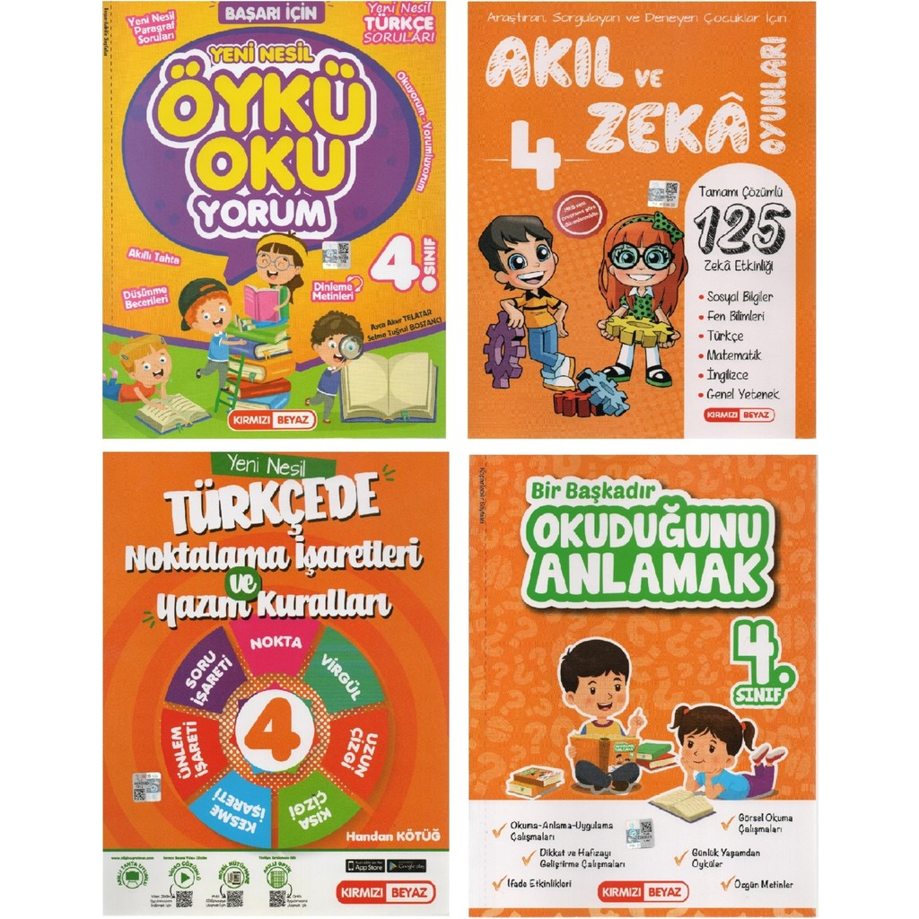 Kırmızı Beyaz Yayınları 4.sıınf Akıl ve Zeka Oyunları+Öykü Okuyorum+Noktlama Işaretleri ve Yazım Kuralları+Bir Başkadır Okuduğunu Anlamak (4 Kitap) Diğer Fiyatı