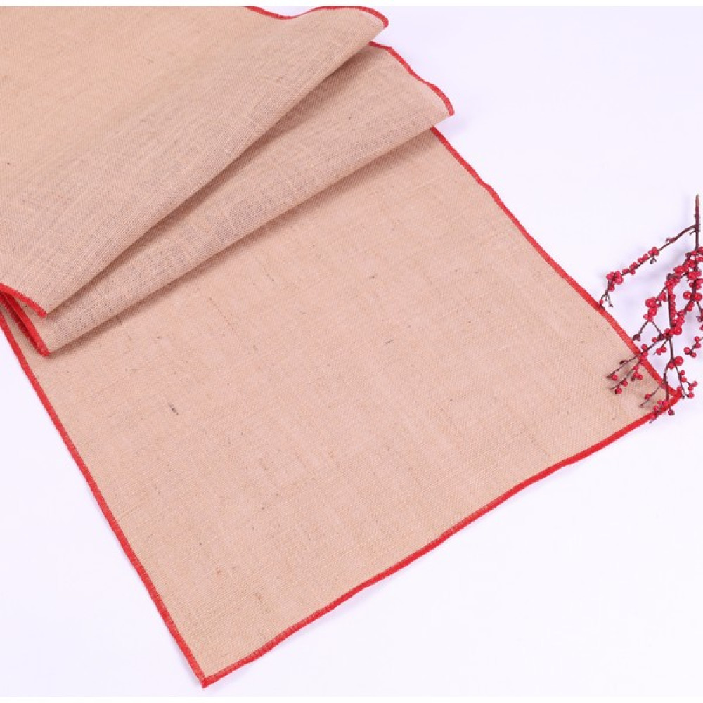 Kırmızı overlok kenarlı jüt runner, 45x150 cm - 45 x 150 cm - Kahverengi Masa Örtüsü Fiyatı