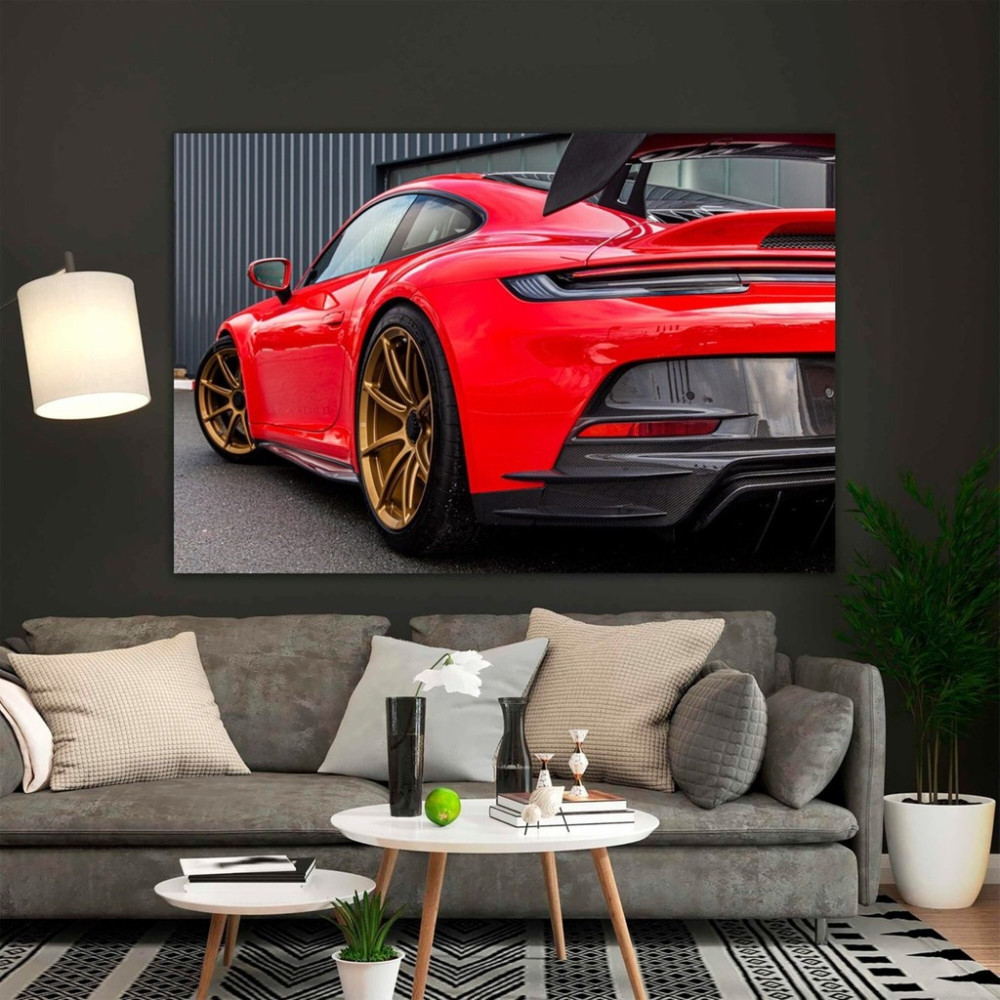 Kırmızı Porsche Garaj Duvar Sanatı; Porsche 911 Kanvas Baskısı; Süper Araba Dekoru - 80 x 120 - Karışık Kanvas Tablo Fiyatı