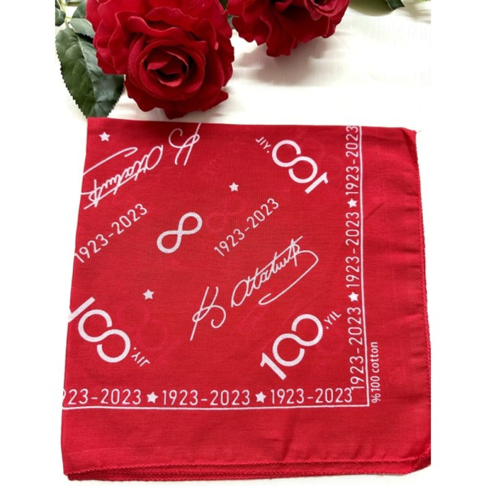 Kırmızı Renk Atatürk Imzalı, 100 Yıl Baskılı Kenarları Tarih Detaylı %100 Koton Bandana Bandana (Outdoor) Fiyatı