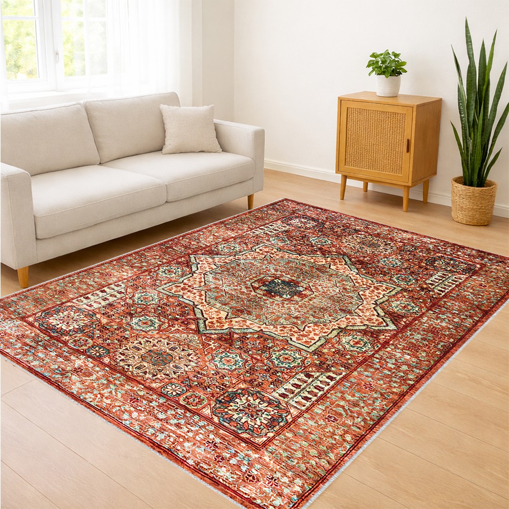 Kırmızı Tonlarda Klasik Desenli Salon Halısı Antialerjik Kaymaz Tabanlı Geleneksel Görünüm - SM-318 - 120 x 180 Salon Halısı Fiyatı