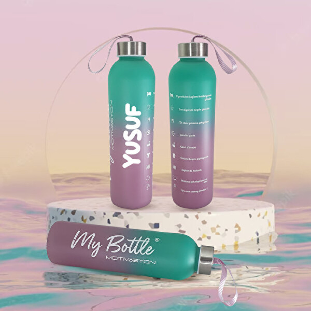 Kişiye Özel Renkli 750 ml Motivasyon Cam Su Matarası HK2708 - Lila Suluk Fiyatı