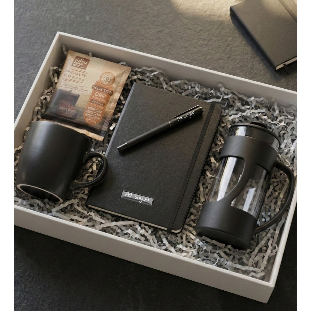 Kişiye Özel Siyah Defter & Roller Kalem & French Press & Kupa & Pratik Filtre Kahve Hediye Seti Defter & Kağıt Ürünleri Fiyatı