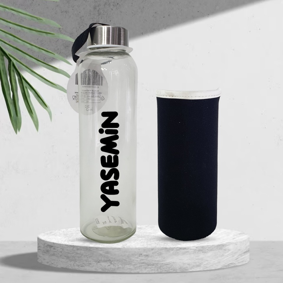 Kişiye Özel Siyah Kılıflı Cam Matara 500 ml HK2671 Suluk Fiyatı