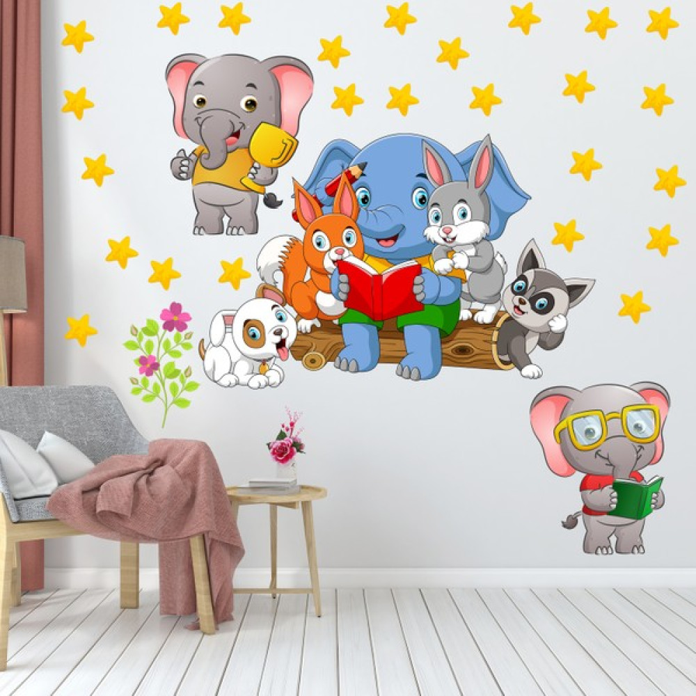 Kitap Okuyan Sevimli Orman Hayvanları ve Yıldızlar Anaokulu Çocuk Odası Duvar Sticker Sticker Fiyatı