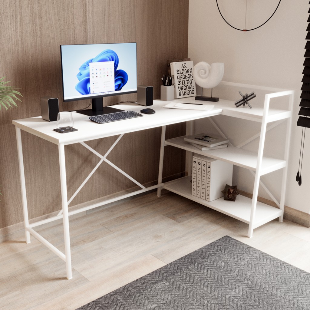 Kitaplıklı Çalışma Masası Bilgisayar Masası L Masa - 60*150 Cm - Beyaz Kitaplık Fiyatı