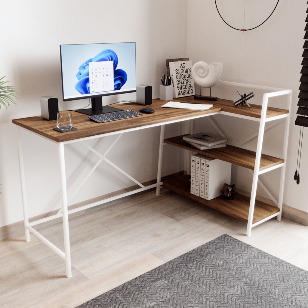 Kitaplıklı Çalışma Masası Bilgisayar Masası L Masa - Siyah - Beyaz - 60*150 Cm Kitaplık Fiyatı