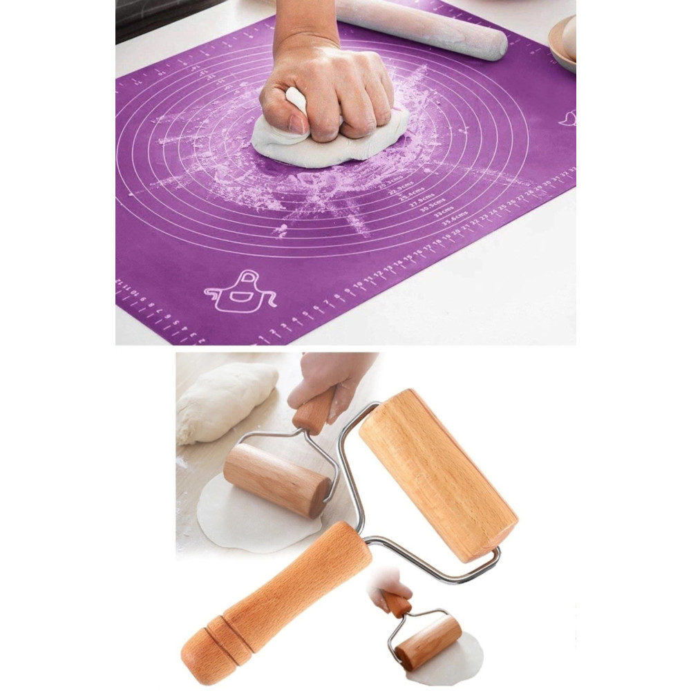 Kitchen Beauty Silikon Hamur Açma Matı Ölçekli Hamur Açma Altlığı Ve Ahşap Saplı Rulo Hamur Açıcı Merdane Oklava Hamur Yoğurma Makinesi Fiyatı