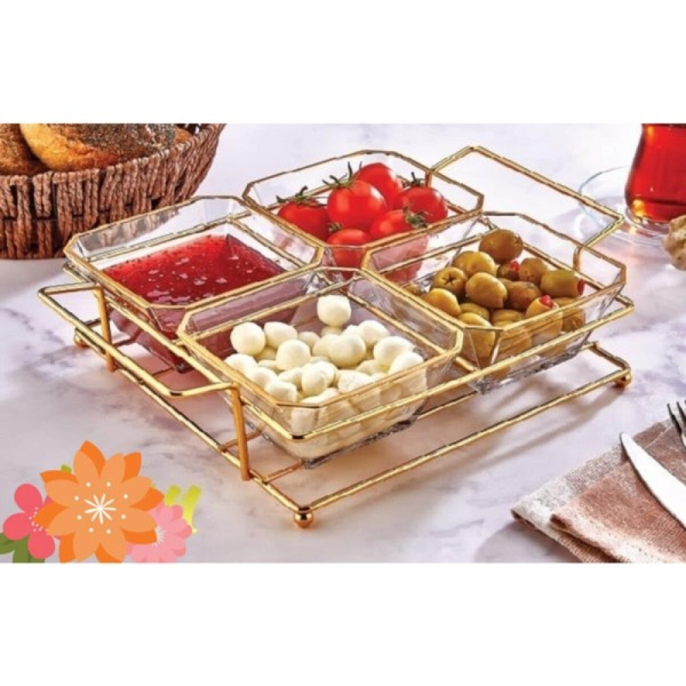 Kitchen Club Gold Standlı 4'lü Lüx Cam Kahvaltılık Çerezlik Sunumluk Kahvaltı Takımı Fiyatı