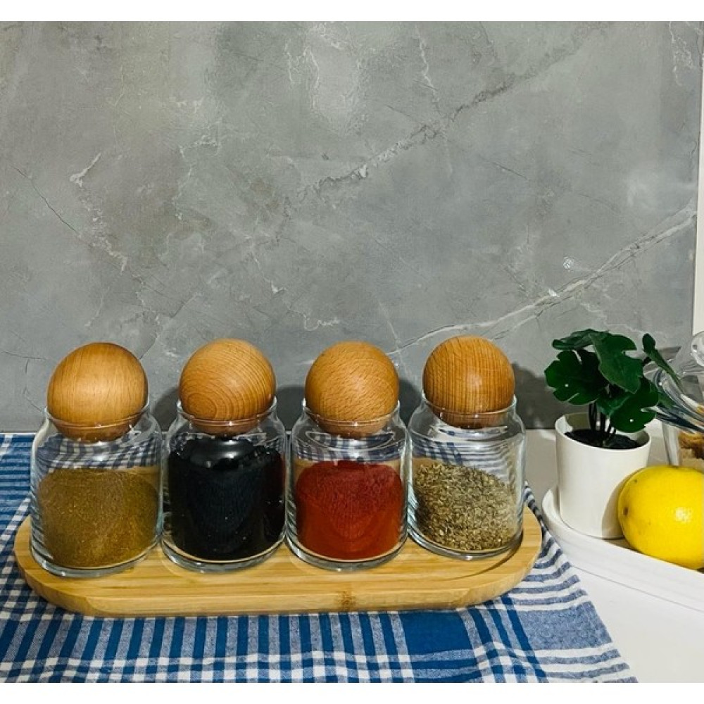 Kitchen Crazy 4 Lü Ahşap Top Kapaklı Cam Kavanoz Seti Baharatlık 300 ml Saklama Kapları Fiyatı