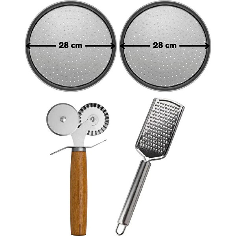 Kitchen Design Lab Küçük Boy Delikli Pizza Tepsisi 28 cm x 2 Adet, Çift Başlı Pizza Ruleti ve Çelik Peynir Rendesi - Metalik Servis Tepsisi Fiyatı