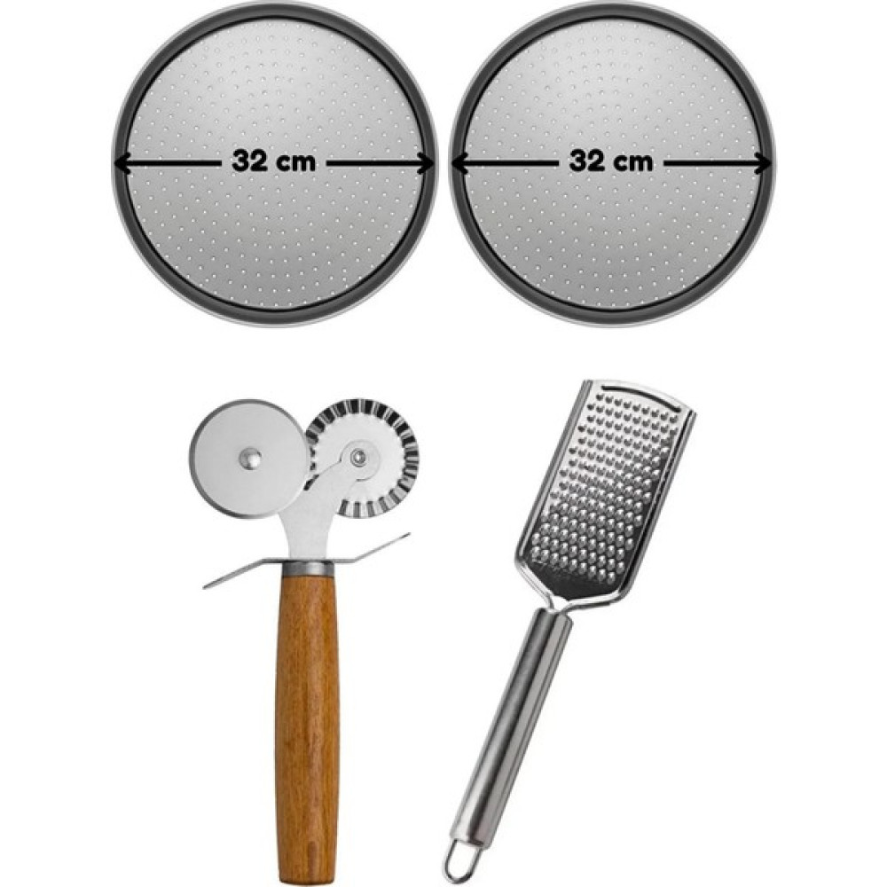 Kitchen Design Lab Orta Boy Delikli Pizza Tepsisi 32 cm x 2 Adet, Çift Başlı Pizza Ruleti ve Çelik Peynir Rendesi - Metalik Servis Tepsisi Fiyatı