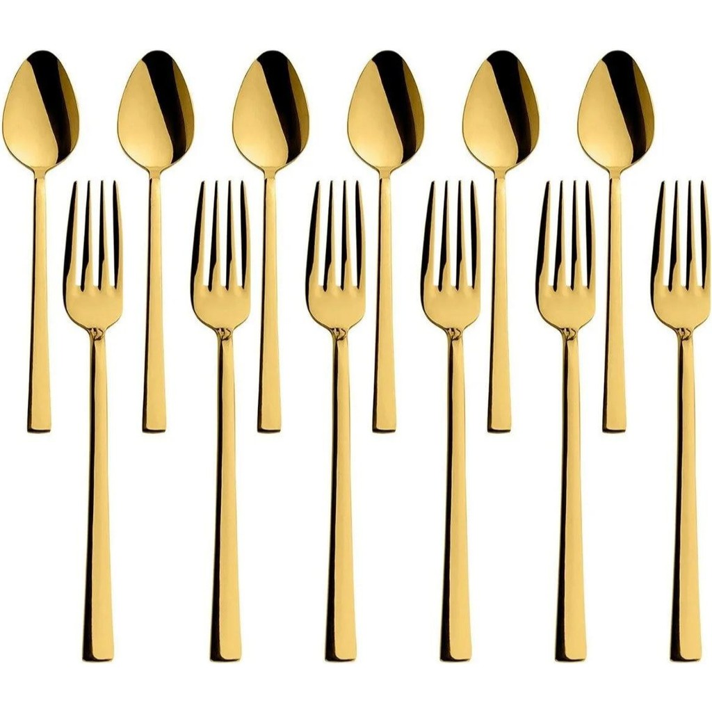 Kitchen Design Lab Parlak Gold Tatlı Çatal ve Kaşık Seti - 12 Adet Kahvaltı Pasta Tatlı Çatal Kaşık Seti Kutulu Set - Altın Çatal / Kaşık / Bıçak Takımları Fiyatı