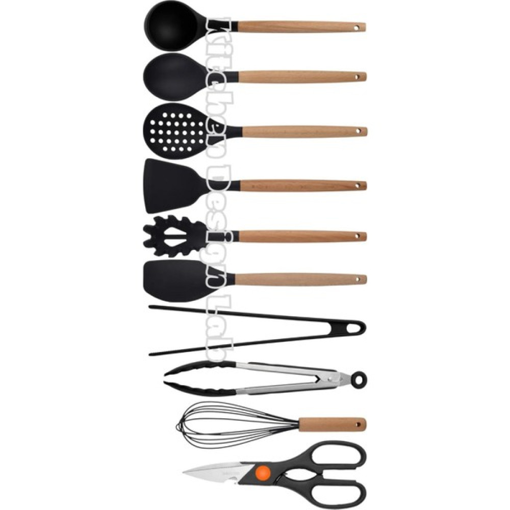 Kitchen Design Lab Siyah Bambu Silikon - Kepçe, Kaşık, Kevgir, Makarna, 2 Spatula, Silikon Metal Maşa, Makas, Çırpıcı - Koyu Siyah Mutfak Gereçleri Fiyatı