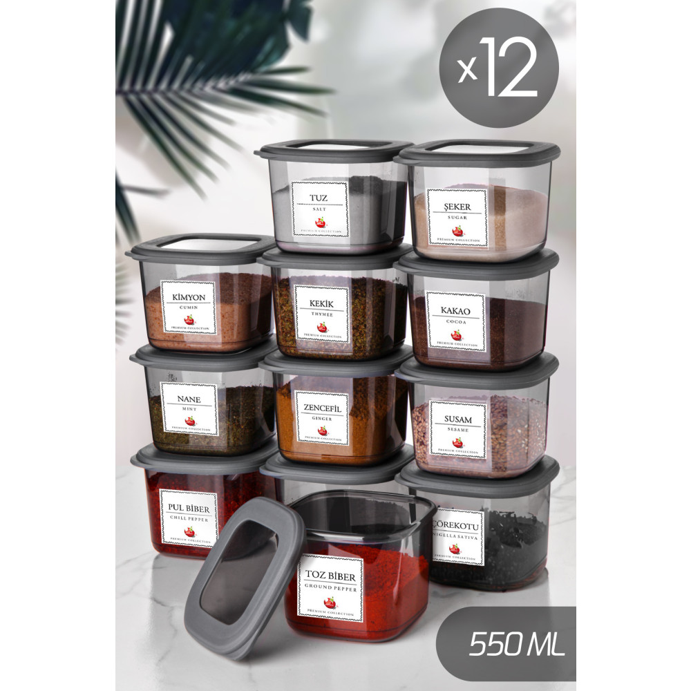 Kitchen Life 12 Adet Antrasit Etiketli Ve Kaşıklı Baharatlık Seti -550 ml - 12 Li Baharat Takımı Seti Baharat Setleri & Baharatlıklar Fiyatı