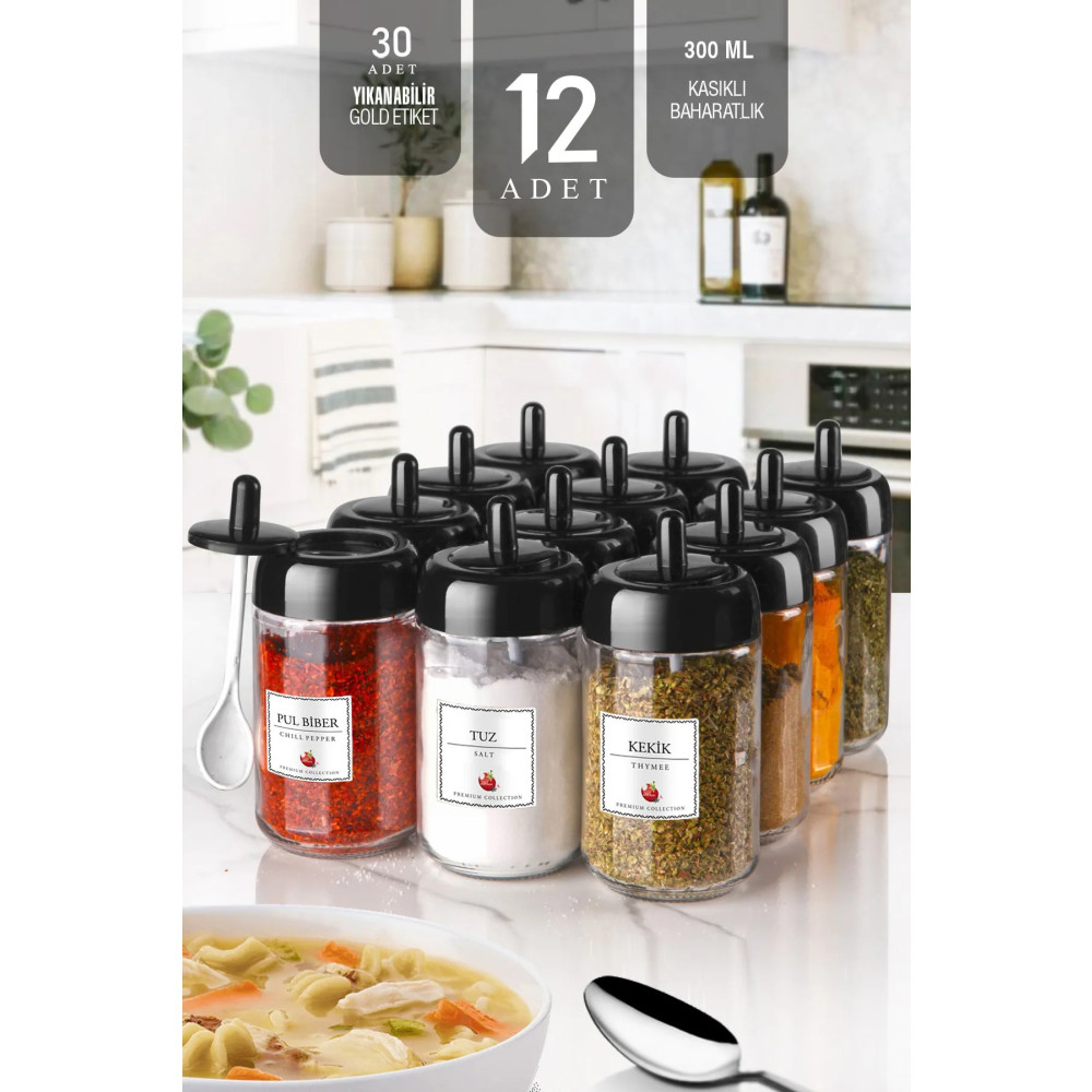Kitchen Life 12 Adet Kapağı Kendinden Kaşıklı Ve Etiketli Baharatlık Seti 300 ml Etiketli Cam Baharat Takımı Baharat Setleri & Baharatlıklar Fiyatı