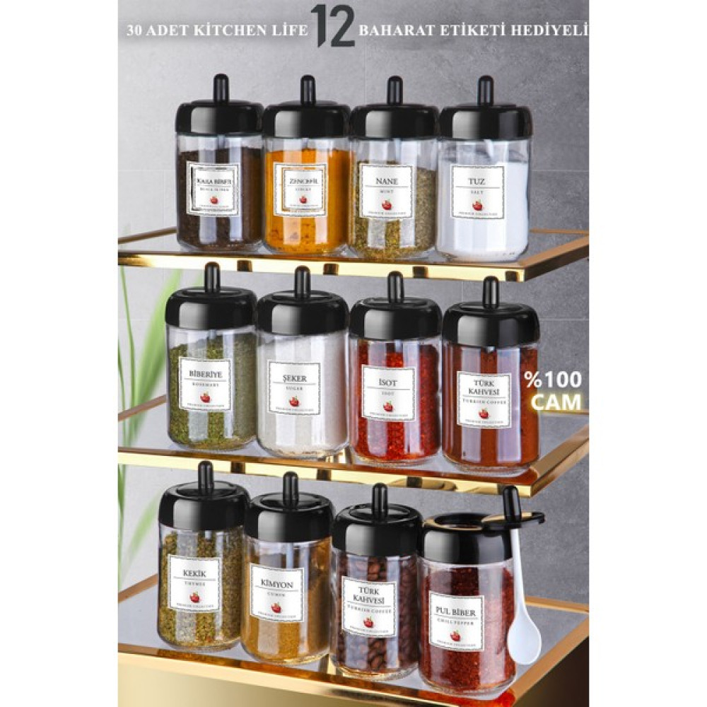 Kitchen Life 12 Adet Kapağı Kendinden Kaşıklı ve Gold Etiketli Baharatlık Seti 300 ml Cam Baharat Takımı Baharat Setleri & Baharatlıklar Fiyatı