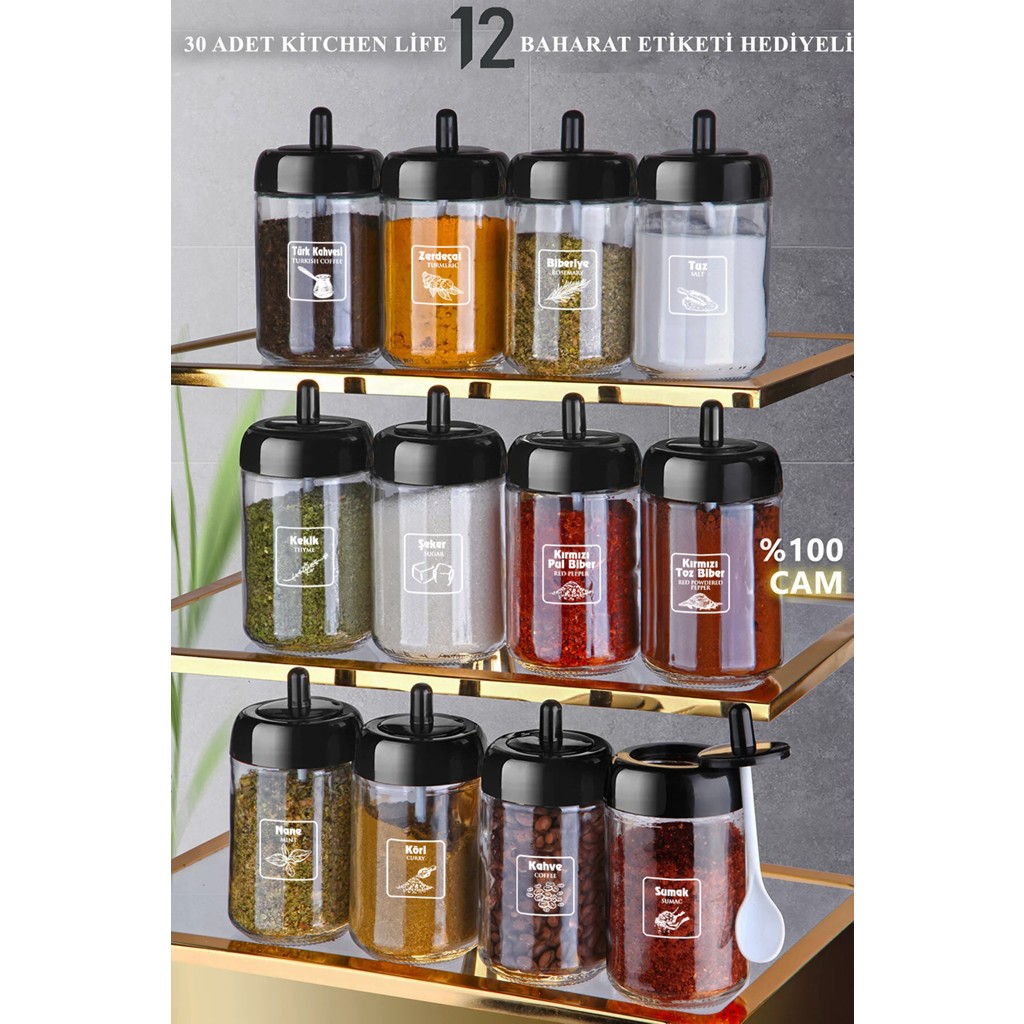 Kitchen Life 12 Adet Kapağı Kendinden Kaşıklı ve Gold Etiketli Baharatlık Seti 300 ml Cam Baharat Takımı Çatal / Kaşık / Bıçak Takımları Fiyatı