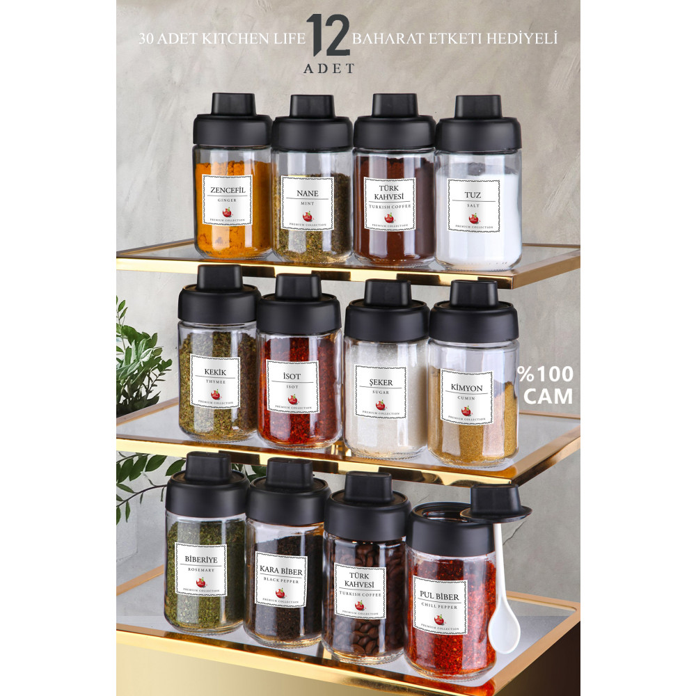 Kitchen Life 12 Adet Kilitllenebilir Kapaklı Kapağı Kendinden Kaşıklı - Kilitli Cam Baharatlık Takımı 300 ml Baharat Setleri & Baharatlıklar Fiyatı