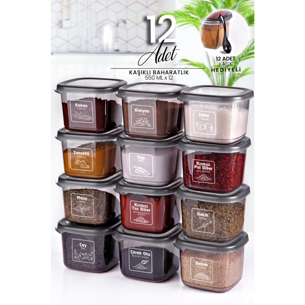 Kitchen Life 12 Adet Square Antrasit Etiketli Ve Kaşıklı Baharatlık Takımı -550 ml - 12 Li Kare Baharat Setleri & Baharatlıklar Fiyatı