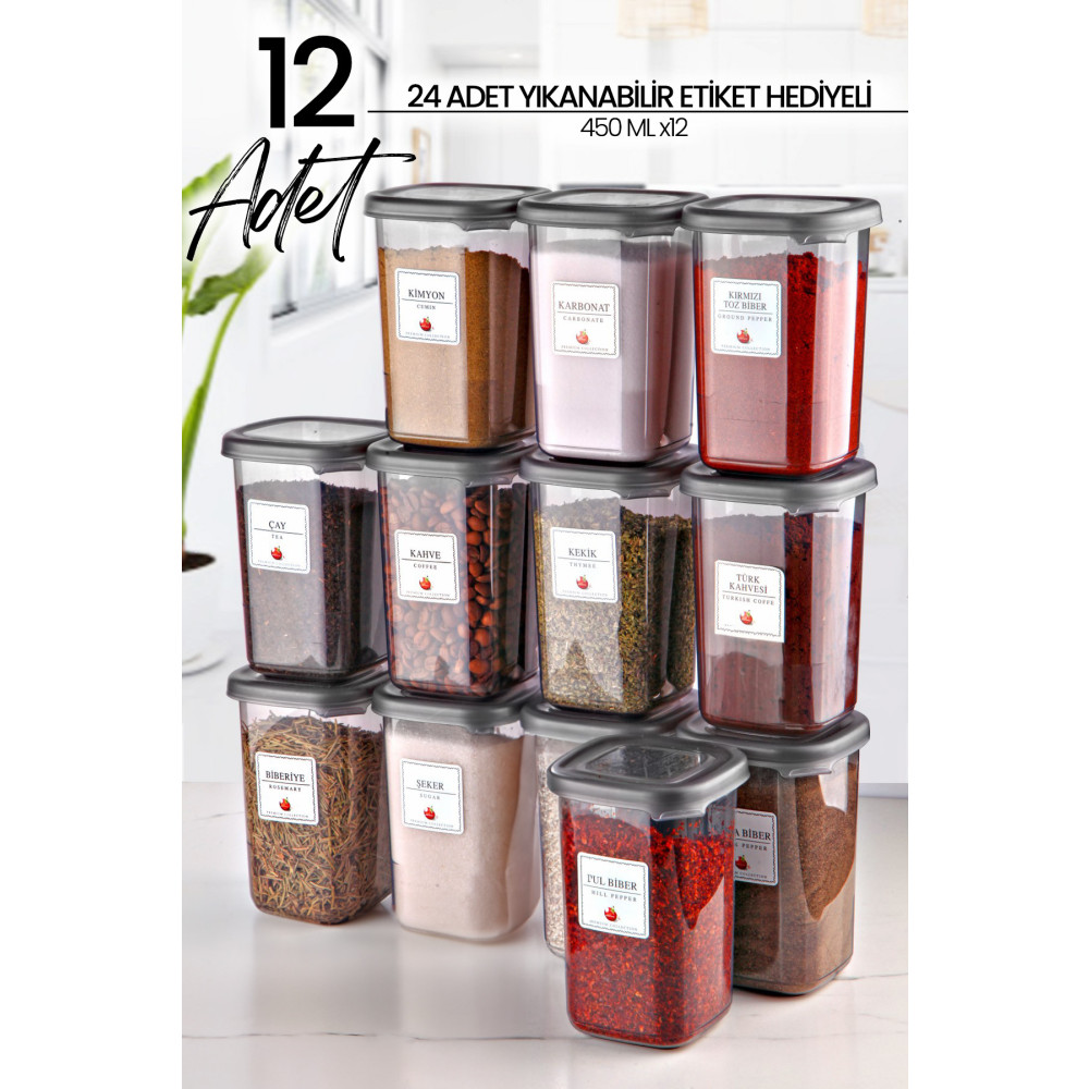 Kitchen Life 12li Etiketli Modernity Etiketli Kare Baharatlık Takımı 450 ml - Erzak Saklama Kabı Seti Saklama Kapları Fiyatı