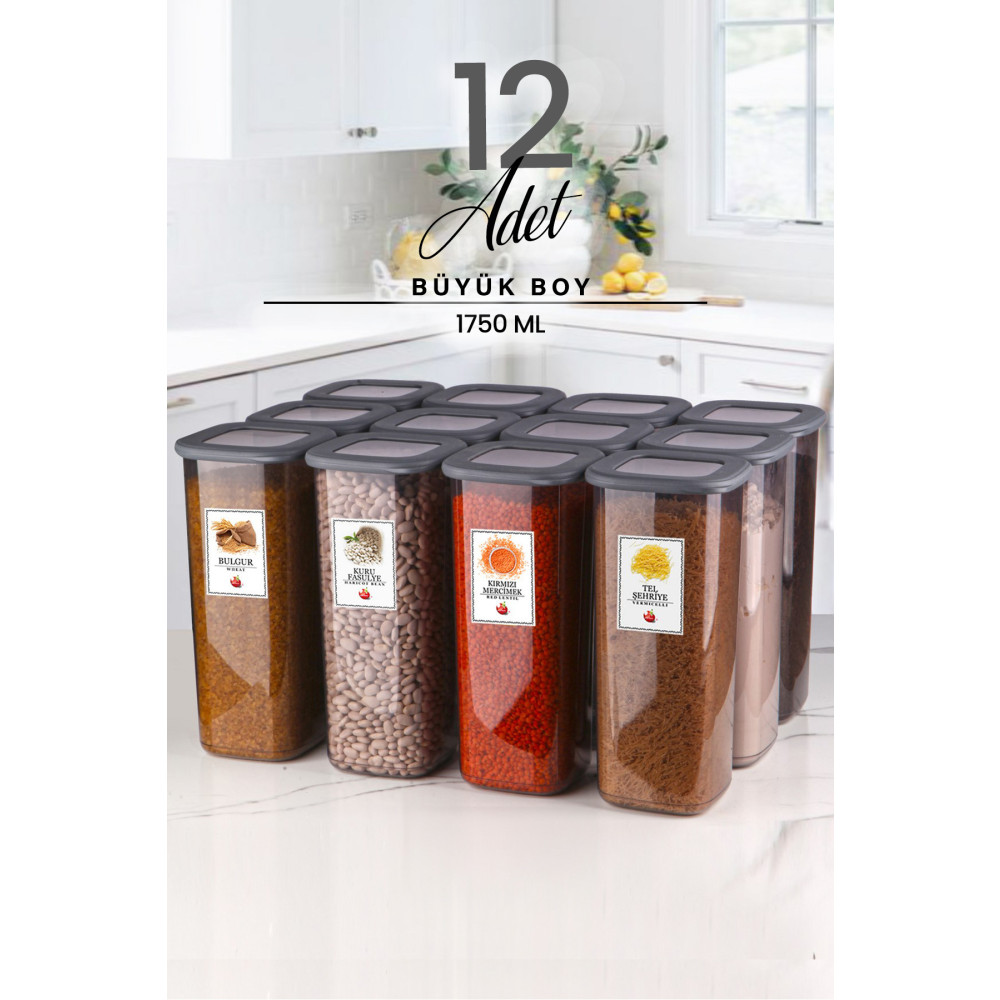 Kitchen Life 12li Etiketli Silikon Kapaklı Büyük Kare Erzak Saklama Kabı Seti 1750 ml - Hava Almaz Kapak Kavanoz Saklama Kapları Fiyatı