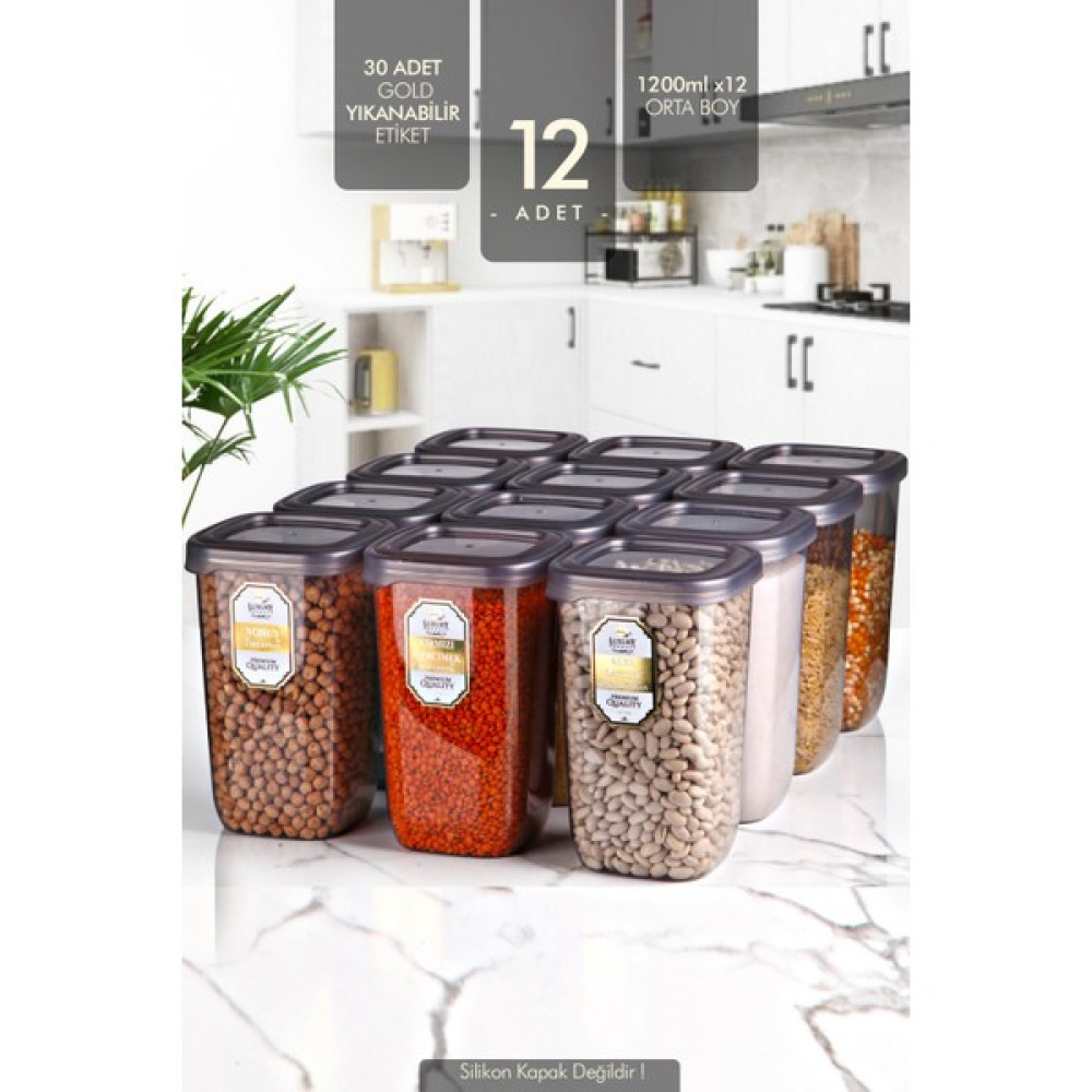 Kitchen Life 12'li Etiketli Square Kare Erzak Saklama Kabı Seti 1200 ml - Sert Kapaklı Düzenleyici Kavanoz Saklama Kapları Fiyatı