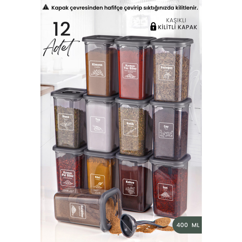 Kitchen Life 12li Etiketli ve Kilitlenebilir Kapaklı Kendinden Kaşıklı Baharatlık Seti - Kilitli Baharatlık Baharat Setleri & Baharatlıklar Fiyatı