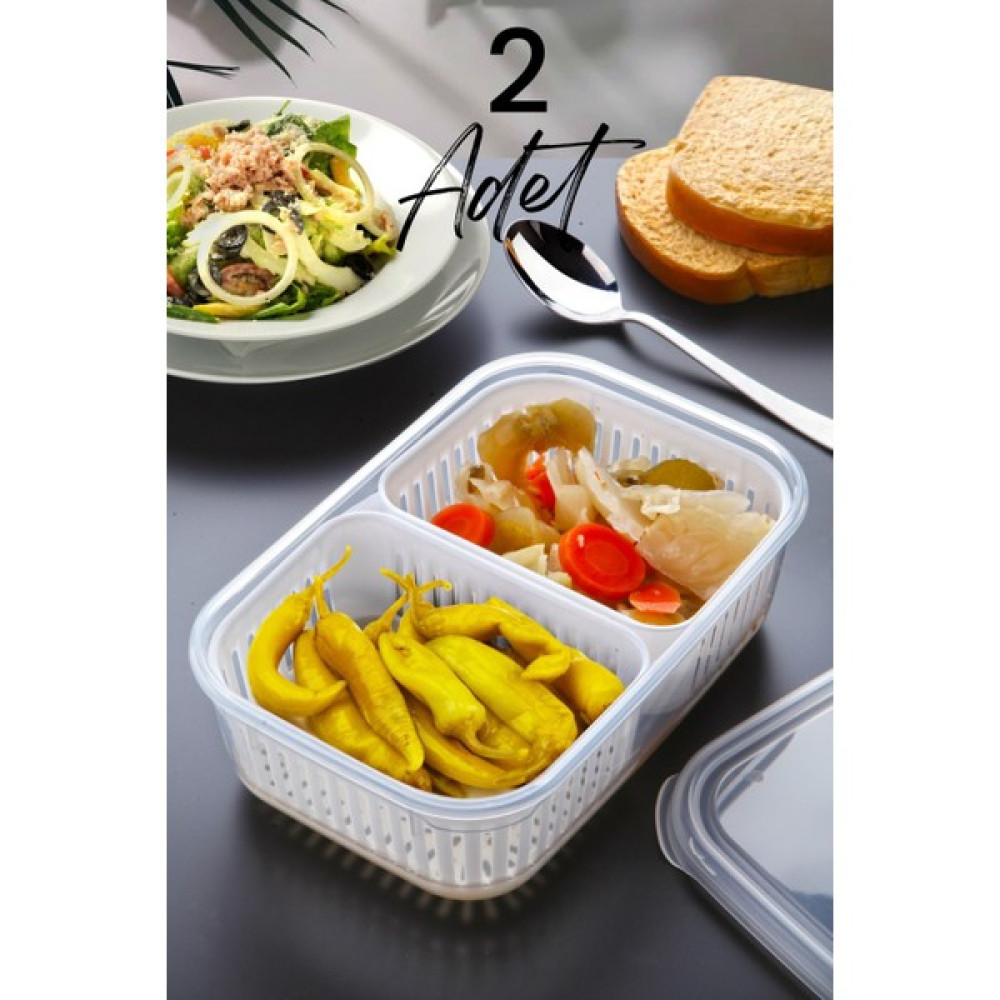 Kitchen Life 2 Adet 2 Bölmeli Süzgeçli Turşuluk Öğünlük Et Sebze Saklama Kabı Seti Dondurulmuş Gıda Organizeri Saklama Kapları Fiyatı