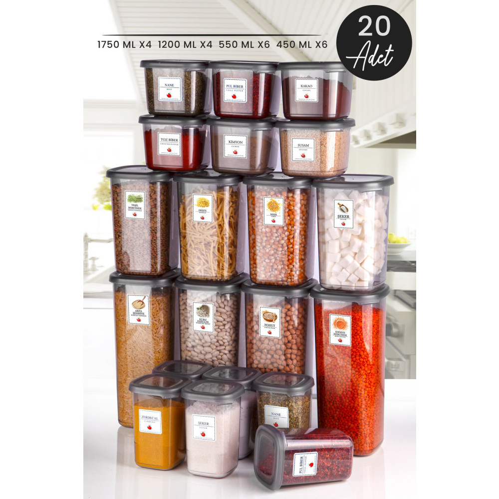 Kitchen Life 20 Li Etiketli Kare Saklama Kabı Erzak Kabı Seti 4x (1750ml 4x - 1200ml 4x - 550ml X6 - 450ml 6x ) Saklama Kapları Fiyatı