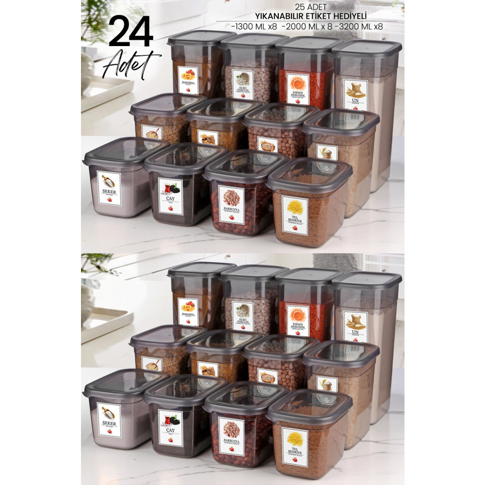Kitchen Life 24lü Etiketli Moly Dikdörtgen Erzak Saklama Kabı Seti X8(1300ML-2000ML-3200ML) Geniş - Sert Kapaklı Saklama Kapları Fiyatı