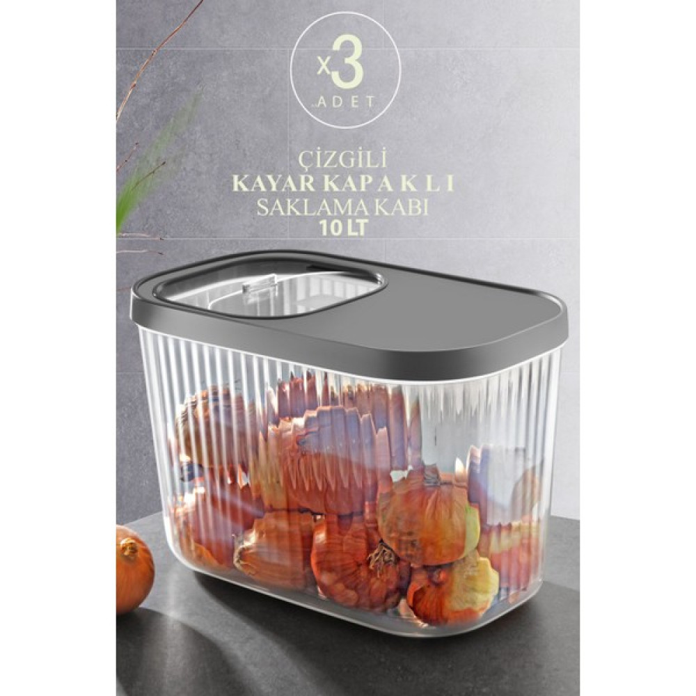 Kitchen Life 3'lü Jumbo Boy Çizgili 10 Litre Erzak Bakliyat Saklama Kabı -Kayar Kapaklı Saklama Kutusu Saklama Kapları Fiyatı