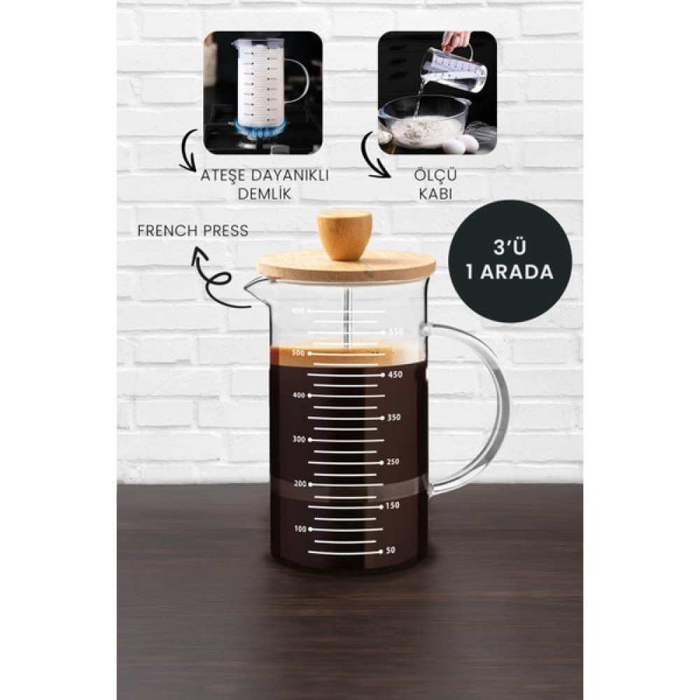 Kitchen Life 3'ü 1 Arada Borosilikat Bambu Frenchpress - Bitki Çayı Pressi Filtre Kahve Demliği - 700 ml French Press Fiyatı