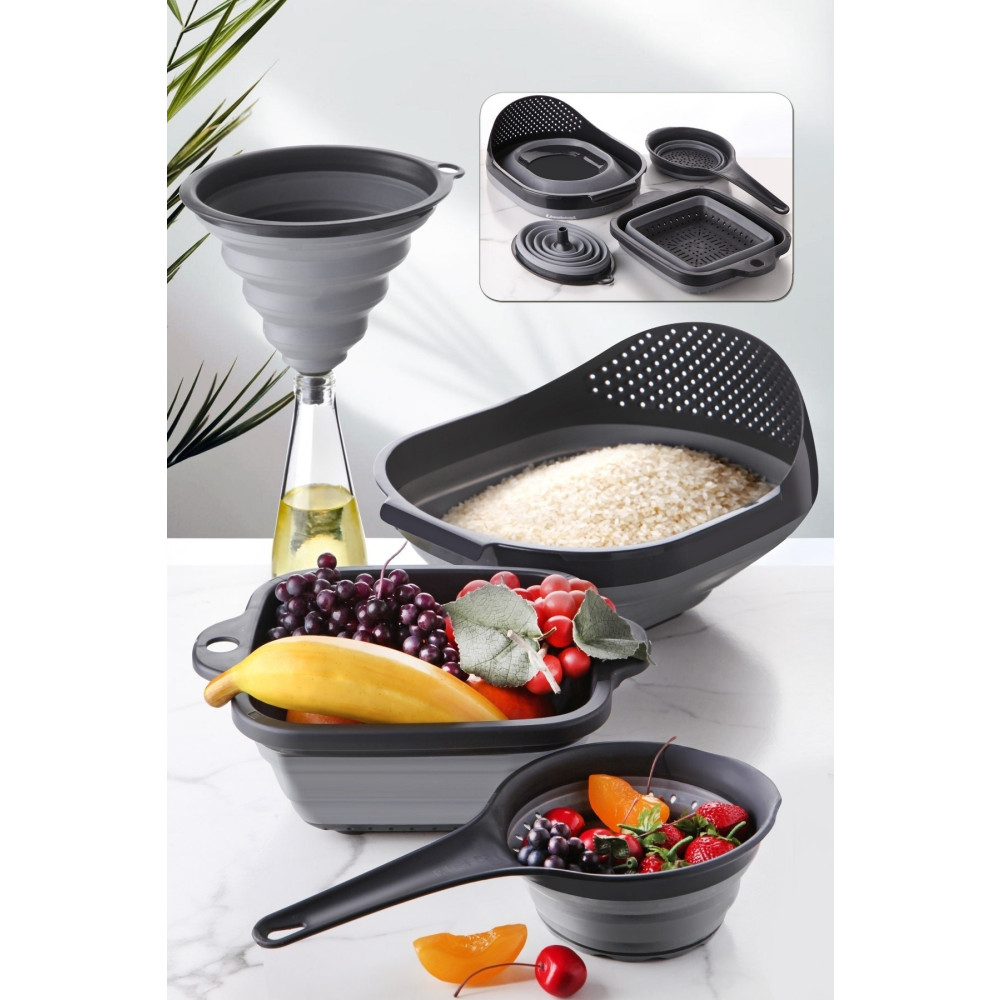 Kitchen Life 4lü Akordiyon Katlanır Süzgeç Seti - Mutfak Çeyiz Seti (akordeon Saplı Pirinç Süzgeci Huni Gri) Mutfak Gereçleri Fiyatı