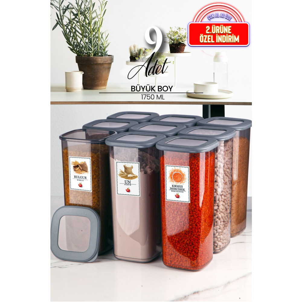 Kitchen Life 9lu Etiketli Silikon Kapaklı Büyük Kare Erzak Saklama Kabı Seti 1750 ml - Hava Almaz Kapak Kavanoz Saklama Kapları Fiyatı
