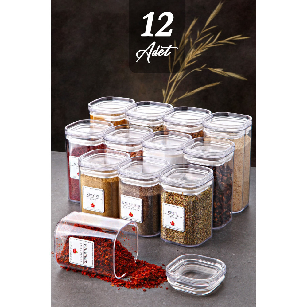 Kitchen Life Etiketli 12li Vakumlu Premium Baharatlık Takımı - Sızdırmaz Kapaklı Akrilik Mika Baharatlık Seti Baharat Setleri & Baharatlıklar Fiyatı