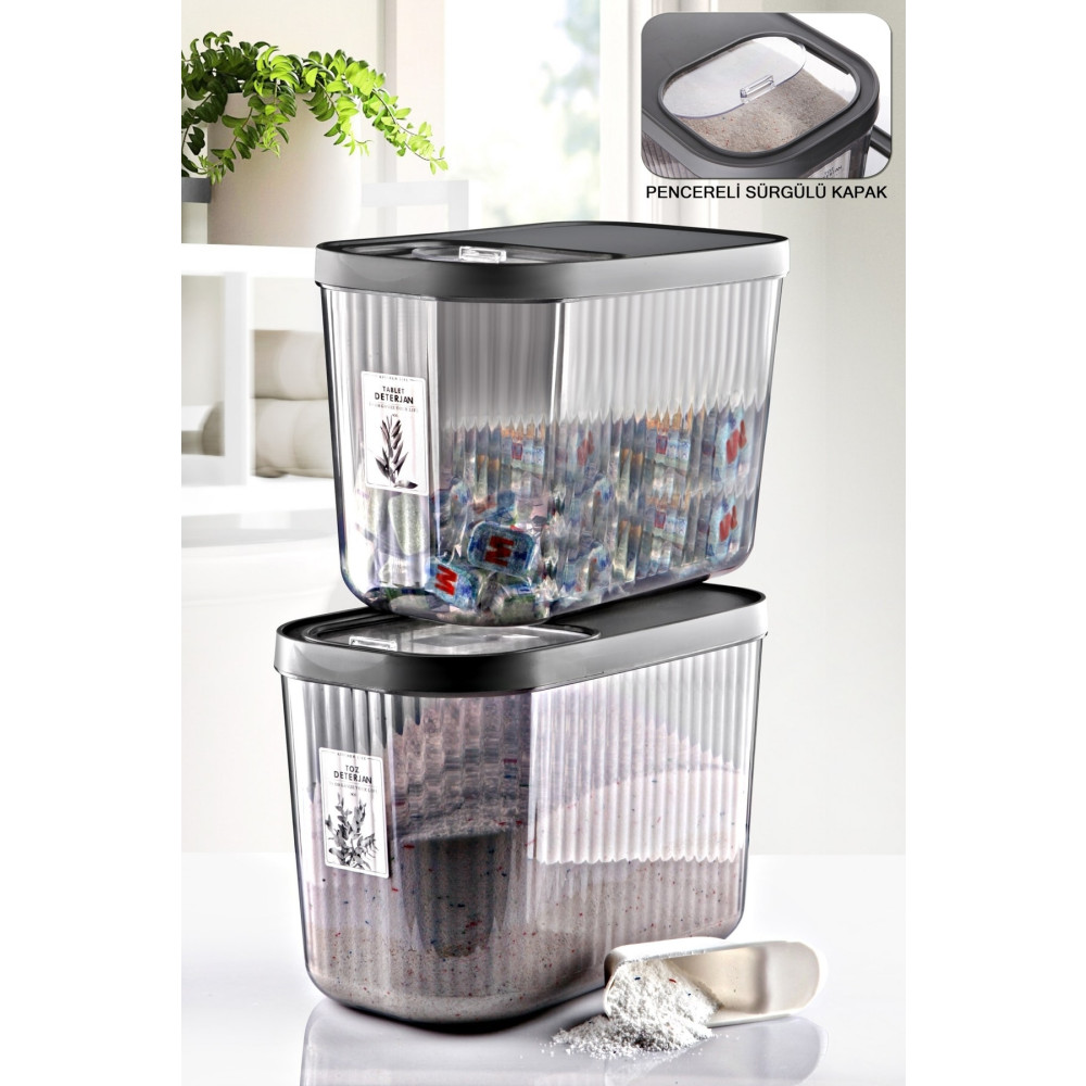 Kitchen Life Etiketli 2li Jumbo Boy Kayar Kapaklı Toz Ve Tablet Deterjan Saklama Kabı 10 Litre Çizgili Kutu Eşya Saklama Kutusu Fiyatı