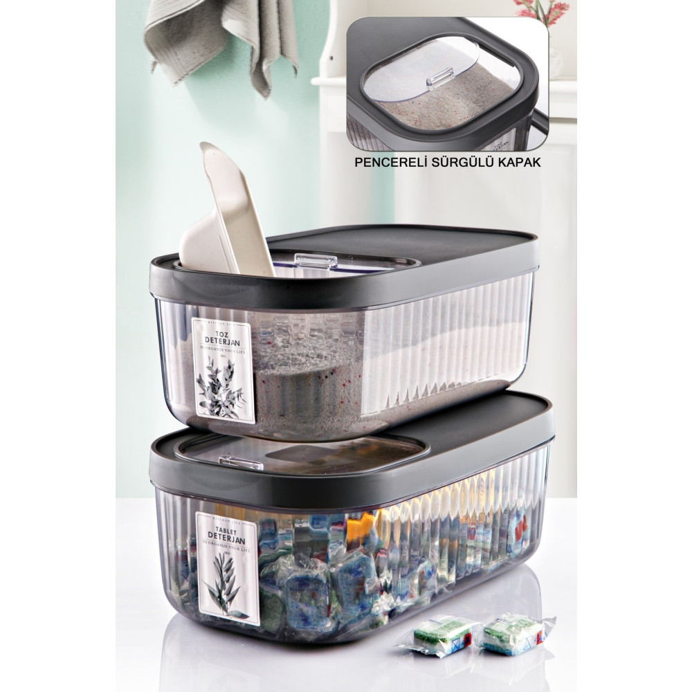 Kitchen Life Etiketli 2li Jumbo Boy Kayar Kapaklı Toz Ve Tablet Deterjan Saklama Kabı 5 Litre Çizgili Kutu Eşya Saklama Kutusu Fiyatı