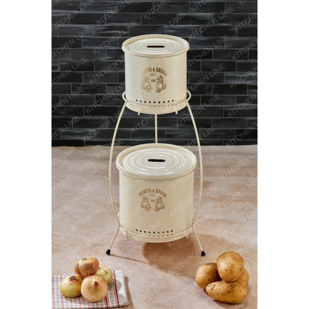 Kitchen Line 2 Katlı Ekonomik Boy Patates Soğan Saklama Kovası Kapaklı Standlı Metal Paslanmaz Krem Saklama Kapları Fiyatı