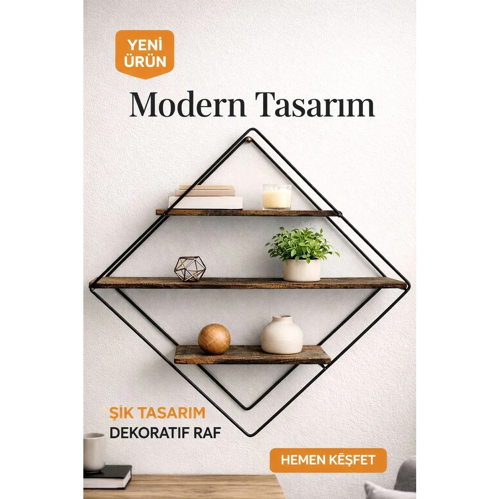 Kitchen Line 3 Katlı Metal Ahşap Çok Amaçlı Dekoratif Duvar Rafı 56X12CM - 56*12 Duvar Rafı Fiyatı